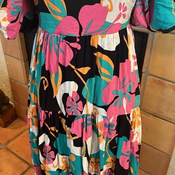 Entro Maui Floral Balloon Sleeve Tiered Midi Dress, size M - Picture 3 of 12